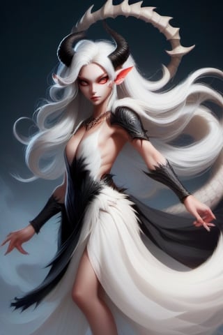 demon woman with a good feminine body with good curves in her waist, perfect and round tail.  white hair and long, big black horns