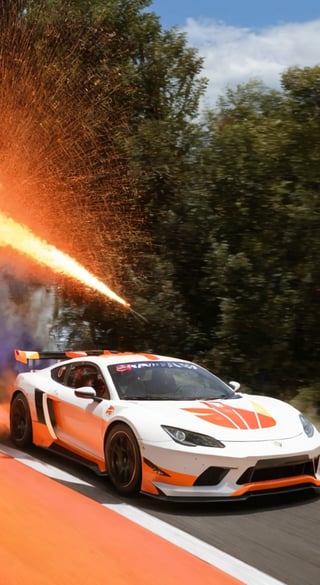 A dynamic Pop Art-inspired racing moment: A female driver in a vibrant white suit with bold stripes stands out against a backdrop of intense orange, red, and purple hues. The sports car's bright yellow, blue, and black paintwork bursts forth from the fiery explosion framing her determined pose.,epiC35mm