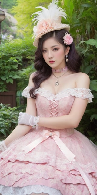 A girl in a vibrant, Baroque-inspired Harajuku Lolita ensemble, embracing an emo theme. She sits majestically, surrounded by lush greenery, with a whimsical, ornate background that complements her dress's intricate lace, pink ruffles, and embroidery. Velvet ribbons adorn the bodice, while ornate buttons and brooches embellish the voluminous skirt, featuring layers of tulle and lace. Her gaze is captivating, as she wears lace gloves, a cameo choker, and a mini top hat adorned with feathers.,Japanese style.,angelawhite,LAURA
