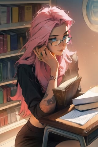 one woman, blue_eyes, (bright eyes:1.2), very_long_hair, "straight_hair", two color hair, "pink hair, blonde highlights", tattoos, (circle shape glasses), sitting, desk open book, books levitating, library background, masterpiece, ultra hd, 8k, hdr, dynamic, unretouched, pores, detailed skin, sunlight particles, (perfect hand:1.4), perfect figure,tattoo,sagging breasts