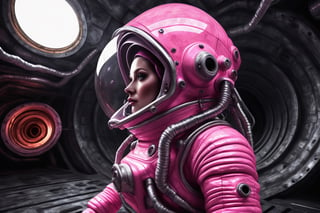 Wide view side profile perspective of an attractive spunky space jockey dressed in her pink space suit as she piolets her space craft into dock at the mining out post in this amazing mono cinematic image. The image uses dynamic lighting and lens flare to dramatic effect to create a contrast effect with the pink suite and the grey and rusty setting of a mining post.. The image should use realistic textures and a bulky industrial look to ships, machines and buildings.