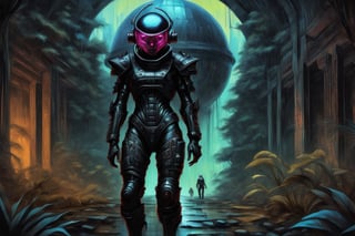 full body portrait of cyberpunk soldier in black kevlar military space suit with space helmet, scavenging ancient alien ruins, space punk, alien planet, jungle, neo-classical domed biospheres designed by Buckminster Fuller and Albert Speer, dark fantasy, Jotunheim, home of the jötnar, vast and chaotic wilderness, Oil on canvas in the style of JBC Corot, Yoshikata Amano, Andy Kehoe, Ismail Inceoglu, Russ Mills, Victo Ngai, Bella Kotak, noir, by charlie bowater and dan mumford and trevor Brown, heavy shadows, dark tones, city background, noir, gloomy, dark, neo-noir cyberpunk city, intricate, elegant, highly detailed, devil-armor, 2D motifs detailed dark fantasy digital painting, artstation, concept art, smooth, sharp focus, illustration, art by Otomo Katsuhiro and Shirō Masamune and Oshii Mamoru, style of Jason de Graaf, James Clyne, intricately detailed, cyberpunk, pop art, long exposure, sharp focus, radiant, trending on Artstation, abstract art complementary colors fine details, nost