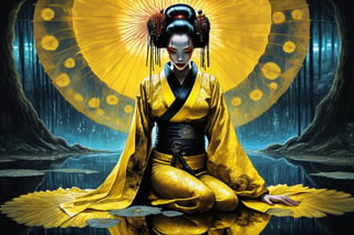 Ornate Japanese Geisha in yellow and black and golden dress made of lace touching a mirrored reflection of herself, lace art, golden intricate motifs lacecraft dandelion pond, glowing forest background, dark hair, dark fantasy, intricate details, hyper detailed, Jean Baptiste Monge, Carne Griffiths, Michael Garmash, seb McKinnon, masterpiece, low quality image, exhibiting grainy texture, jpg artifacts, film grain, gritty, snug, elite, well-dressed, polished, sophisticated, form-fitting shirt, , vivid colors, pen and ink, UHD drawing, pen and ink, Oil painting, digital painting, clair obscure, by fernanda suarez and pascal blanche and rembrandt and gustave dore and simon stalenhag and ghost in the shell and francois schuiten and liam wong and altered carbon and cyberpunk 2077 and blade runner and american mcgee's alice, vintage photography, epic, gloomy