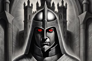 black and white, blue and red, charcoal drawing, highly detailed, highly atmospheric, dreamy, moody, gloomy, epic, cinematic, dramatic lighting, dramatic use of high contrast black and white, surreal, nightmare, rage, art deco, posterised, psychedelic portrait of templar knight in front of Jerusalem mosque, isometric view, (detailed portrait), (upper body), in the German expressionist style of Hermann Stenner and alex grey and Gustavé Doré, lithograph, pencil drawing