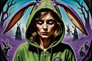 female dunedain ranger wearing comfortable green bunny suit, hoodie with bunny ears, age 35, with short shoulder length, messy, straight, choppy, brown hair, and grey eyes, inspired by Scarlett hooft graafland, Boris Vallejo, frank frazetta, dramatic use of high contrast black and white, surreal, nightmare, rage, art deco, posterised, psychedelic, in the German expressionist style of Hermann Stenner and alex grey and Gustavé Doré, lithograph, pencil drawing, highly detailed, portrait, color photography, in the style of Roger Ballen and Yousuf Karsh and Alfred Stieglitz and Heinrich Hoffmann and Imogen Cunningham and Irving Penn and Robert Frank and Edward Weston and Robert Capa and Annie Leibovitz and Henri-Cartier Bresson and Richard Avedon and Dorothea Lange and simon stalenhag and pascal blanche and alphonse mucha black and white, purple and blue, charcoal drawing, highly detailed