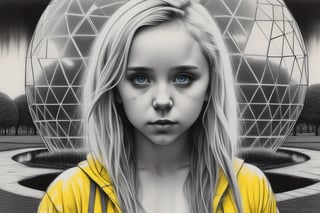 black and white, yellow and blue, charcoal drawing, highly detailed, highly atmospheric, dreamy, moody, gloomy, epic, cinematic, dramatic lighting, dramatic use of high contrast black and white, surreal, nightmare, rage, art deco, posterised, psychedelic close-up of Juno Temple with blue eyes wearing comfortable yellow cyber-onesie, exercising in park, inside geodesic dome, in utopian city designed by Buckminster Fuller, in the German expressionist style of Hermann Stenner and alex grey and Gustavé Doré, lithograph, pencil drawing
