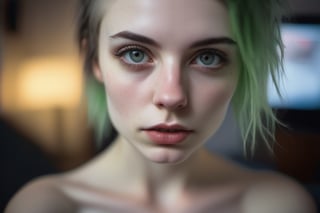 Thorough, analog style, eye focus, highest quality, (highly detailed skin), photo of a exquisitely beautiful pale skin punk italian girl naked woman, perfect face, alluring eyes, [seductive makeup], skin pores, indoor, messy bedroom, (bokeh:0.6), sharp focus, dappled lighting, (backlighting:0.7), film grain, photographed on a Sony A7R IV, 18mm F/1.7 cine lens, (highly detailed, intricately detailed), 8k, HDR, seductively posing, front view, (uppper body:0.9)