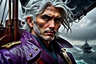 Strong and broad white-haired handsome man wearing 20th century soldier costume on a military ship sailing on a rainy day detailed matte painting, deep color, fantastical, intricate detail, complementary colors, Nikon 15mm f/1.8G, by Lee Jeffries, Alessio Albi, Adrian Kuipers by artist "anime", Anime Key Visual, Japanese Manga, Pixiv, Zerochan, Anime art, Fantia a masterpiece, 8k resolution, dark fantasy concept art, by Greg Rutkowski, dynamic lighting, hyperdetailed, intricately detailed, Splash screen art, trending on Artstation, deep color, Unreal Engine, volumetric lighting, Alphonse Mucha, Jordan Grimmer, purple and yellow complementary colours head and shoulders portrait, 8k resolution concept art portrait by Greg Rutkowski, Artgerm, WLOP, Alphonse Mucha dynamic lighting hyperdetailed intricately detailed Splash art trending on Artstation triadic colors Unreal Engine 5 volumetric lighting