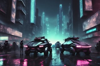 3d render night streetview, close up cyberpunk android, Dystopian future, cityscape busy with people and robots, flying cyber vehicles, filthy, grungy cyberpunk, 8k cinematic