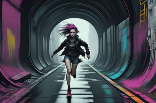 vibrant colors, gorgeous girly punk skater girl, running towards the light at the end of a dark cyberpunk tunnel, inspired by François Pompon, Alphonse Mucha, Jean Dupas, Eugeniusz Zak, Simon Stalenhag and Pascal Blanché, Gerald Brom, Jean Tinguely, Zdzisław Beksiński, Anne Geddes, Francis Bacon, Derek Rickard, Yoshikata Amano, Andy Kehoe, Ismail Inceoglu, Russ Mills, Victo Ngai, Bella Kotak, noir, by charlie bowater and dan mumford and trevor Brown, heavy shadows, dark tones, city background, noir, gloomy, dark, neo-noir cyberpunk city, intricate, elegant, highly detailed, devil-armor, 2D motifs detailed dark fantasy digital painting, artstation, concept art, smooth, sharp focus, illustration, art by Otomo Katsuhiro and Shirō Masamune and Oshii Mamoru, style of Jason de Graaf, James Clyne, intricately detailed, cyberpunk, pop art, long exposure, sharp focus, radiant, trending on Artstation, abstract art complementary colors fine details, nostalgic and emotional, cloudy sky, dramatic use of high contrast black and white, surreal, nightmare, rage, art deco, posterised, psychedelic, in the German expressionist style of Hermann Stenner and alex grey and Gustavé Doré, lithograph, pencil drawing, highly detailed, portrait, color photography, in the style of Roger Ballen and Yousuf Karsh and Alfred Stieglitz and Heinrich Hoffmann and Imogen Cunningham and Irving Penn and Robert Frank and Edward Weston and Robert Capa and Annie Leibovitz and Henri-Cartier Bresson and Richard Avedon and Dorothea Lange and simon stalenhag and pascal blanche and alphonse mucha black and white, purple and blue, charcoal drawing, highly detailed
