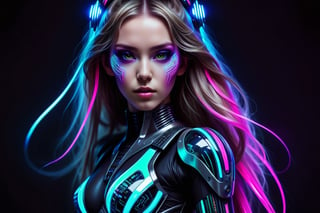 high quality, 8K Ultra HD, full body, have a cyber saber, a mesmerizing 20-year-old woman with a futuristic beauty that seems to transcend time and space, intricately woven into her very being, encased in the cybernetic suit, move with fluidity and precision, Her flowing hair resembles streams of neon lights, casting a vibrant glow that adds a touch of cyberpunk brilliance to her appearance, Each strand of hair is meticulously crafted with holographic patterns that shimmer and shift, creating an ever-changing display of colors, by yukisakura, highly detailed,