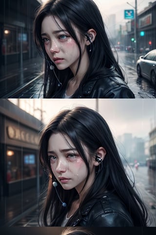 there is a man with long hair and earphones on in the rain, artwork in the style of guweiz, realistic art style, realistic digital art 4 k, realistic digital art 4k, tears in the rain, sad expression, beautiful digital artwork, realistic art style, crying tears, raining portrait, beautiful crying! android man, realistic anime 3 d style.