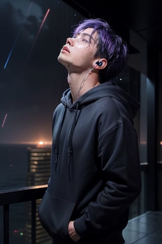 1 boy, sad and depressed on his face, standing near the ocean or on a skyscraper, has blue-purple hair, wearing a black hoodie with earphones in his ears, looking up the sky that is pouring rain and making him wet