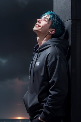 1 boy, sad and depressed with a sad smile on his face, standing near the ocean or on a skyscraper, has blue hair, wearing a black hoodie with earphones in his ears, looking up the sky that is pouring rain and making him wet