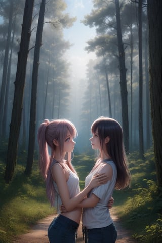 A dreamy nature background, with a misty forest setting the scene for an adorable teenage couple, their anime-inspired eyes locked in a loving gaze as they explore the beauty of nature together.,girl