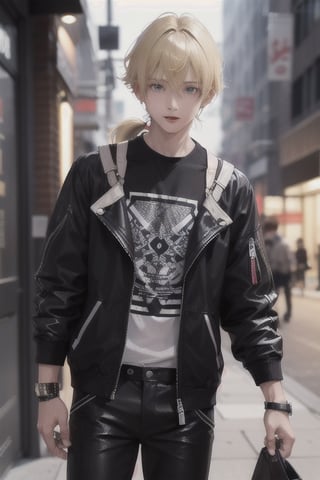 a boy, charming, romantic, playful, confident, wearing wide shoulder multi patterned black jacket with white tee and leather skinny pants, hair blond color tied in a ponytail.