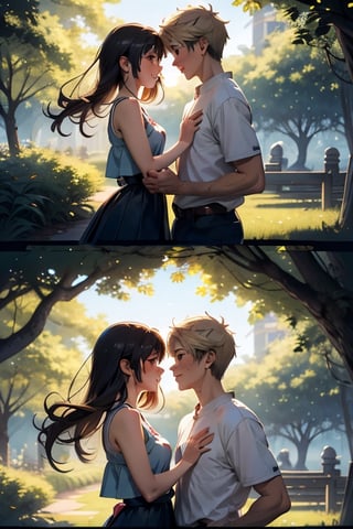 A serene nature background with a gentle breeze rustling through the trees, framing an adorable teenage couple lost in a moment of pure love and joy, their anime-inspired features shining with emotion.