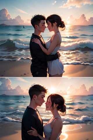 As the sun sets over the ocean, a young couple embraces on the beach, their love radiating in the warm golden light.