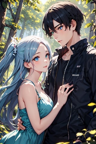A dreamy nature background, with a misty forest setting the scene for an adorable teenage couple, their anime-inspired eyes locked in a loving gaze as they explore the beauty of nature together.,girl