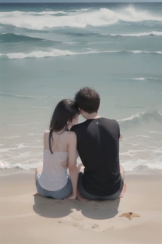 A couple sits on the sandy beach, their arms wrapped tightly around each other as the waves crash against the shore behind them.
