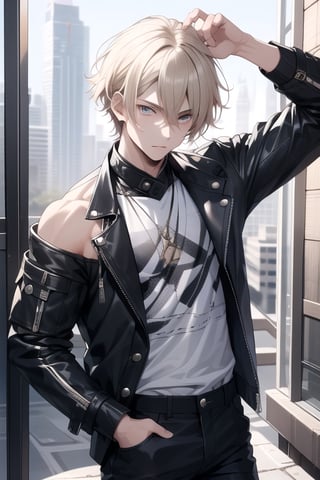 a boy, charming, romantic, playful, confident, wearing wide shoulder multi patterned black jacket with white tee and leather skinny pants, hair blond color, 