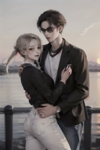 Envision a romantic anime-style scene with a charming young boy and a radiant girl locked in a warm embrace against the backdrop of a picturesque sunset by the sea; the boy exudes confidence and playfulness in a wide-shouldered, multi-patterned black jacket with a white tee, leather skinny pants, and striking blond hair, while the girl, with expressive eyes and a graceful presence, dons a long Buggie tee, skinny jeans, and beautifully colored long hair in shades of blue and white, symbolizing their deep connection in a truly romantic and picturesque moment