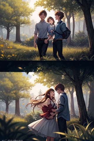 A serene nature background with a gentle breeze rustling through the trees, framing an adorable teenage couple lost in a moment of pure love and joy, their anime-inspired features shining with emotion.