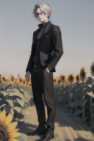 Craft a 3D anime character of a sorrowful male character standing in a field of withered sunflowers.