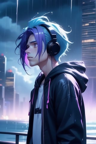 1 boy, sad and depressed on his face, standing near the ocean or on a skyscraper, has blue-purple hair, wearing a black hoodie with earphones in his ears, looking up the sky that is pouring rain and making him wet