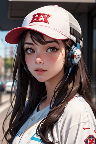 1girl, solo, headphones, hat, baseball_cap, long_hair, brown_eyes, looking_at_viewer, black_hair, lips, long_sleeves, upper_body, closed_mouth, brown_hair, artist_name

