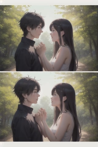 A serene nature background with a gentle breeze rustling through the trees, framing an adorable teenage couple lost in a moment of pure love and joy, their anime-inspired features shining with emotion.