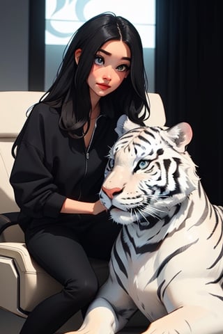 A girl with long, black and white highlighted hair seated next to a white tiger.