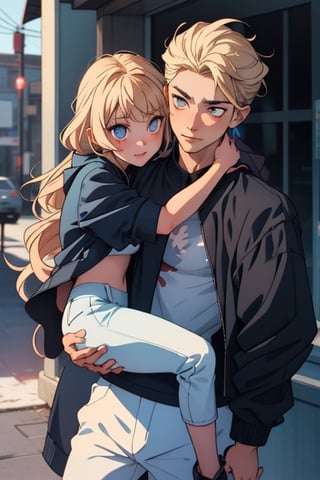 Imagine a heartwarming anime-style scene where a charming young boy and a radiant girl are locked in a warm embrace. The boy exudes confidence and a touch of playfulness, dressed in a wide-shouldered, multi-patterned black jacket with a white tee and leather skinny pants, his hair a striking shade of blond.

The girl, with expressive eyes and a graceful presence, is wrapped in the boy's arms, her long hair beautifully colored in shades of blue and white. Their hug symbolizes their deep connection, creating a moment of pure affection