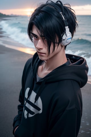 a teenage boy standing under the rain drenched near the ocean, sad and crying, wearing a black hoodie on his head with earphones in his ears. has black and blue hair