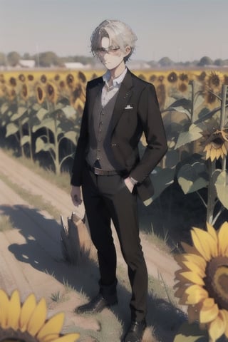 Craft a 3D anime character of a sorrowful male character standing in a field of withered sunflowers.