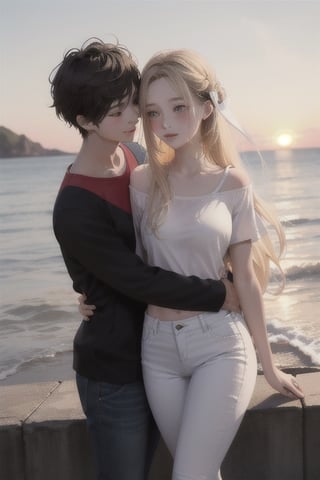 Envision a romantic anime-style scene with a charming young boy and a radiant girl locked in a warm embrace against the backdrop of a picturesque sunset by the sea; the boy exudes confidence and playfulness in a wide-shouldered, multi-patterned black jacket with a white tee, leather skinny pants, and striking blond hair, while the girl, with expressive eyes and a graceful presence, dons a long Buggie tee, skinny jeans, and beautifully colored long hair in shades of blue and white, symbolizing their deep connection in a truly romantic and picturesque moment