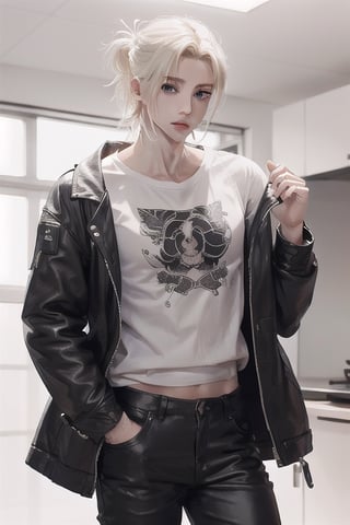 a boy, charming, romantic, playful, confident, wearing wide shoulder multi patterned black jacket with white tee and leather skinny pants, hair blond color tied in a ponytail.,eren_yeager