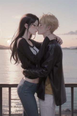 Envision a romantic anime-style scene with a charming young boy and a radiant girl locked in a warm embrace against the backdrop of a picturesque sunset by the sea; the boy exudes confidence and playfulness in a wide-shouldered, multi-patterned black jacket with a white tee, leather skinny pants, and striking blond hair, while the girl, with expressive eyes and a graceful presence, dons a long Buggie tee, skinny jeans, and beautifully colored long hair in shades of blue and white, symbolizing their deep connection, sealed with a tender kiss in this truly romantic and picturesque moment.