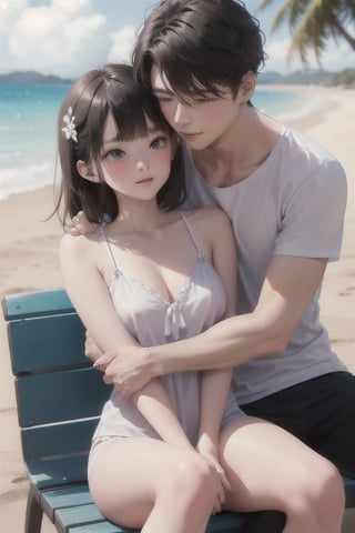 1 girl and 1 boy, seated while hugging each other at a beach near the shores.