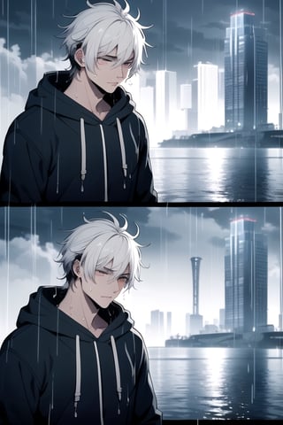 Visualize an exceptionally handsome teenage boy with long, black and white hair standing at the top of a skyscraper or near the ocean. he's wearing a blue hoodie and has earphones in her ears. Despite his remarkable handsomeness, he's deeply distressed, tears mixing with the rain as he gazes up at the sky, getting drenched by the pouring rain
