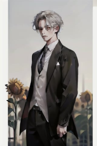 Craft a 3D anime character of a sorrowful male character standing in a field of withered sunflowers.