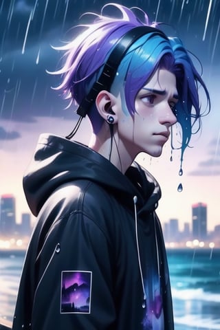 1 boy, sad and depressed on his face, standing near the ocean or on a skyscraper, has blue-purple hair, wearing a black hoodie with earphones in his ears, looking up the sky that is pouring rain and making him wet