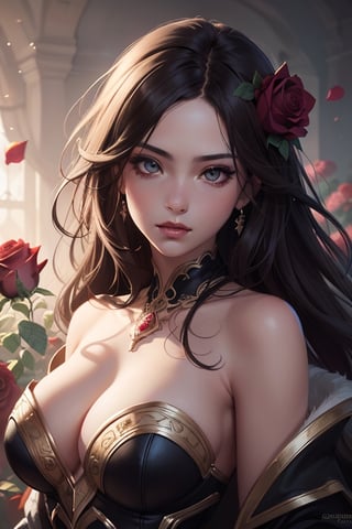 a close up of a woman with long hair and roses, beautiful fantasy art portrait, beautiful fantasy portrait, beautiful digital artwork, fantasy art portrait, beautiful digital art, gorgeous digital art, beautiful gorgeous digital art, beautiful digital illustration, artgerm portrait, beautiful art uhd 4 k, beautiful fantasy art, in the art style of bowater, fantasy portrait art