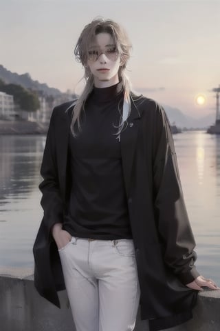 Envision a romantic anime-style scene with a charming young boy and a radiant girl locked in a warm embrace against the backdrop of a picturesque sunset by the sea; the boy exudes confidence and playfulness in a wide-shouldered, multi-patterned black jacket with a white tee, leather skinny pants, and striking blond hair, while the girl, with expressive eyes and a graceful presence, dons a long Buggie tee, skinny jeans, and beautifully colored long hair in shades of blue and white, symbolizing their deep connection in a truly romantic and picturesque moment