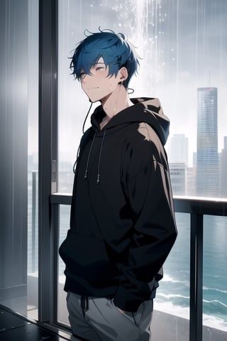 1 boy, sad and depressed with a sad smile on his face, standing near the ocean or on a skyscraper, has blue hair, wearing a black hoodie with earphones in his ears, looking up the sky that is pouring rain and making him wet