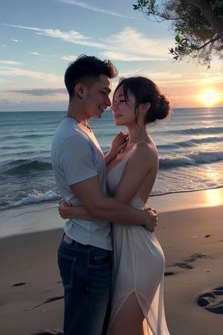 As the sun sets over the ocean, a young couple embraces on the beach, their love radiating in the warm golden light.