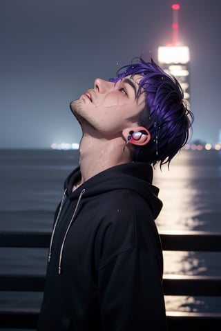 1 boy, sad and depressed on his face, standing near the ocean or on a skyscraper, has blue-purple hair, wearing a black hoodie with earphones in his ears, looking up the sky that is pouring rain and making him wet