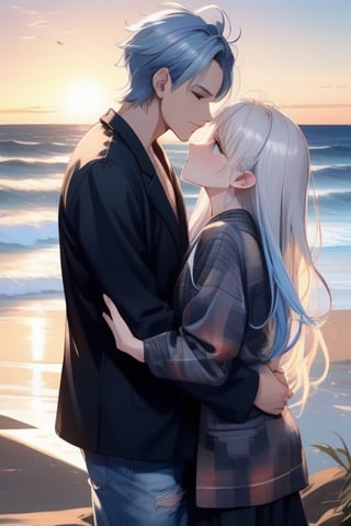 Picture a romantic anime scene by the sea at sunset, where a confident, playfully charming boy in a multi-patterned black jacket with striking blond hair embraces a radiant girl in a long Buggie tee, expressive blue and white hair, and skinny jeans. Their deep connection culminates in a tender kiss, creating a truly romantic and picturesque moment.,SAM YANG,kallen stadtfeld