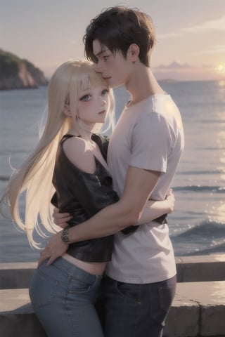 Envision a romantic anime-style scene with a charming young boy and a radiant girl locked in a warm embrace against the backdrop of a picturesque sunset by the sea; the boy exudes confidence and playfulness in a wide-shouldered, multi-patterned black jacket with a white tee, leather skinny pants, and striking blond hair, while the girl, with expressive eyes and a graceful presence, dons a long Buggie tee, skinny jeans, and beautifully colored long hair in shades of blue and white, symbolizing their deep connection in a truly romantic and picturesque moment