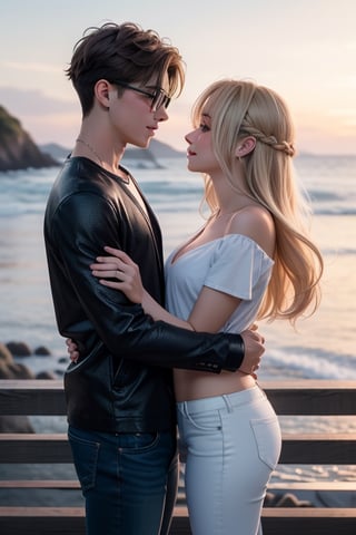 Envision a romantic anime-style scene with a charming young boy and a radiant girl locked in a warm embrace against the backdrop of a picturesque sunset by the sea; the boy exudes confidence and playfulness in a wide-shouldered, multi-patterned black jacket with a white tee, leather skinny pants, and striking blond hair, while the girl, with expressive eyes and a graceful presence, dons a long Buggie tee, skinny jeans, and beautifully colored long hair in shades of blue and white, symbolizing their deep connection, sealed with a tender kiss in this truly romantic and picturesque moment.